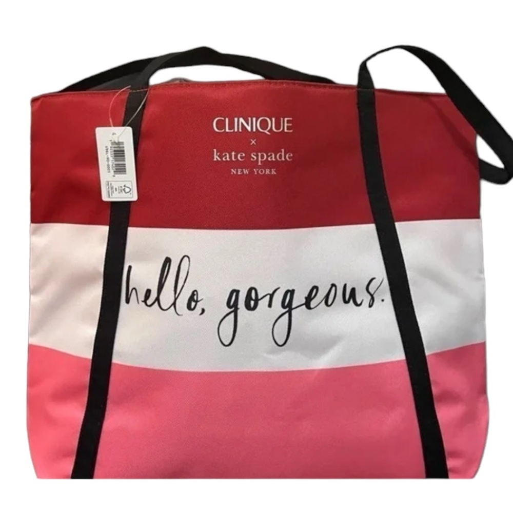 CLINIQUE X KATE SPADE NEW YORK “HELLO GORGEOUS” RED/WHITE/PINK LOGO TOTE BAG